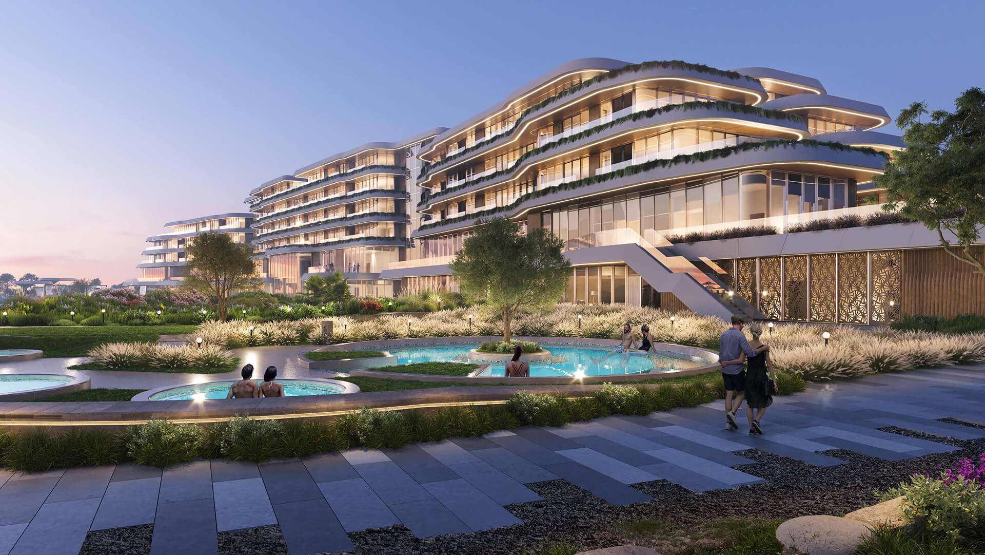 SHA Residences Abu Dhabi apartment complex with evening gardens
